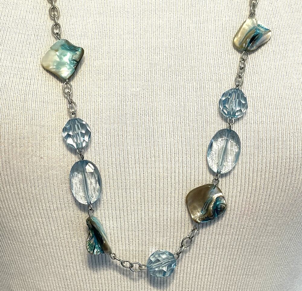 JTV NEW Icy Blue Stone, Shell & Silver Long Necklace NWT Box